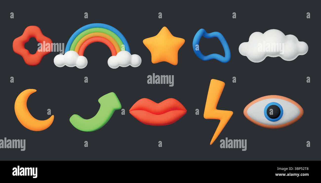 Elementi 3D Kid. Profili Y2K. Occhio e arcobaleno. Nuvola di plastica Puffy. Stile carino per bambini. Doodle figure lucide. Mezzaluna e fulmini. Labbra in bocca. Stella minimalista. Set di rendering liquido. Icone dei cartoni animati vettoriali Illustrazione Vettoriale