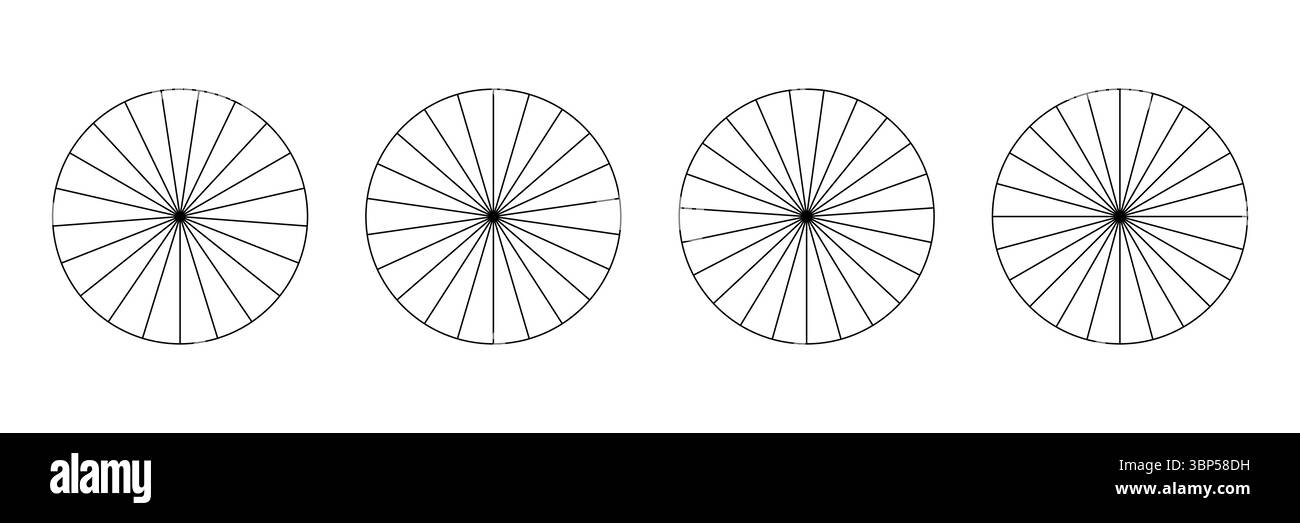 Schema delle parti delle ruote. Raccolta di grafici segmentati. Modelli di grafici a torta. Molti settori dividono il cerchio su parti uguali. Delineare la grafica sottile Illustrazione Vettoriale