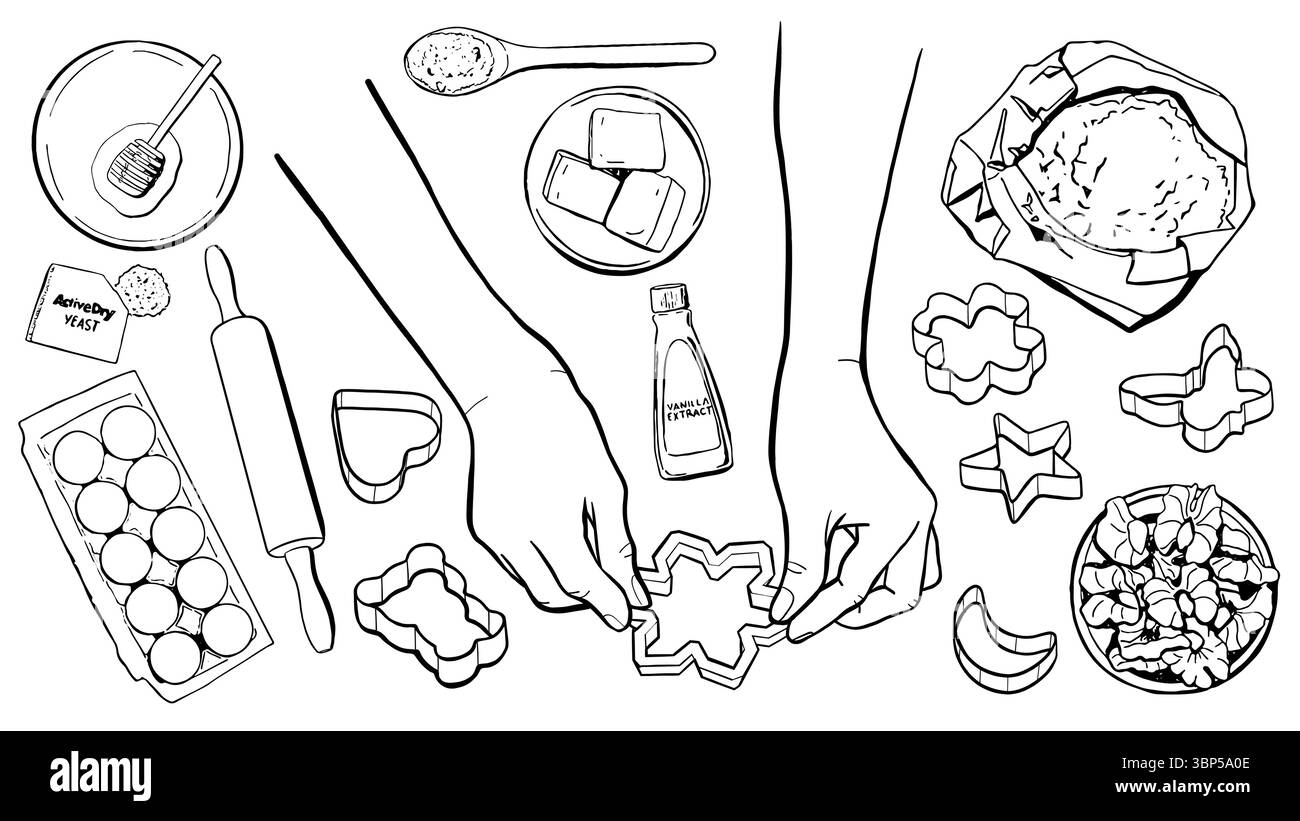 Ingredienti da cuocere per il pan di zenzero di Natale con le mani di pasticceria e le forme di torta. Illustrazione del vettore alimentare della linea nera. Illustrazione Vettoriale