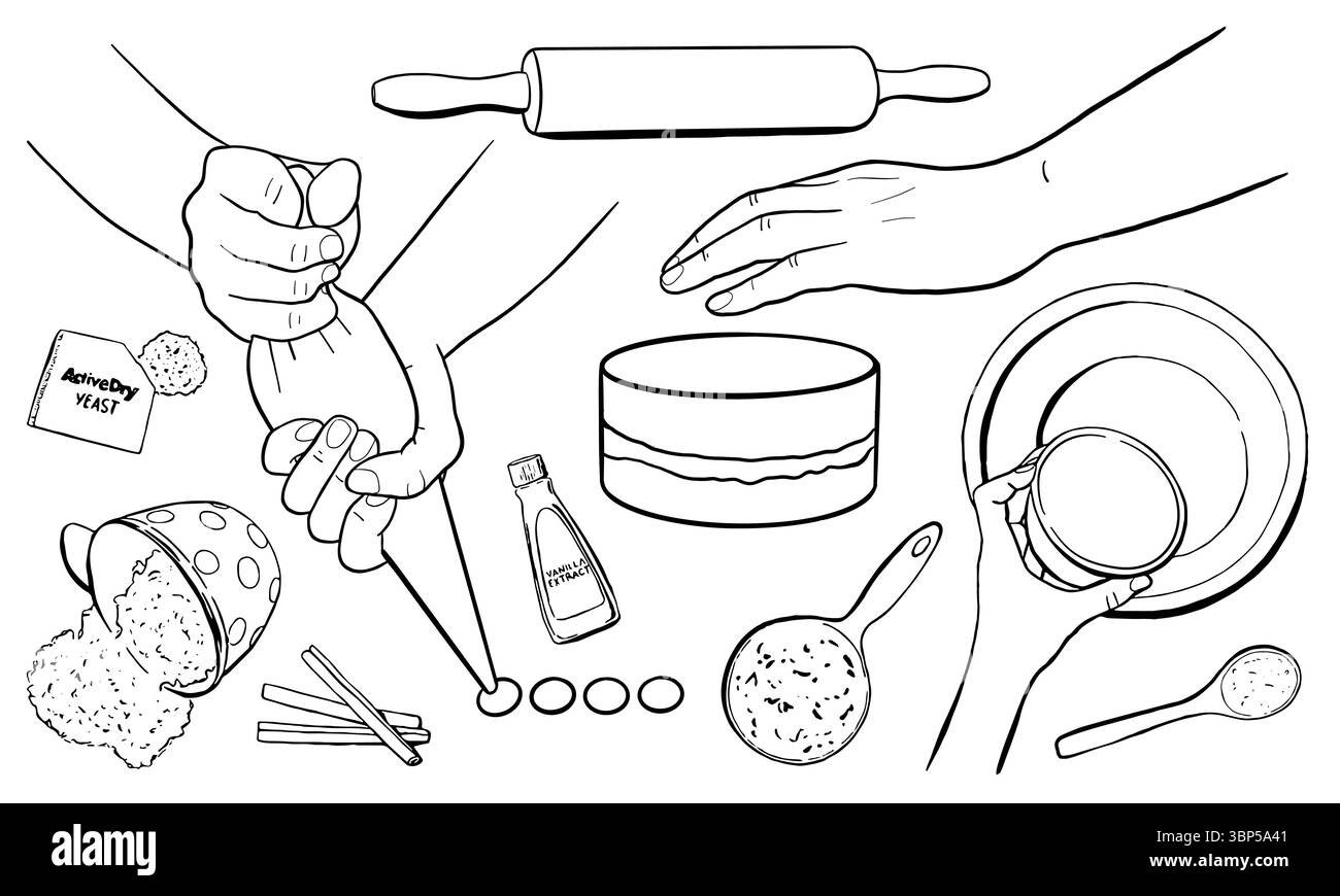 Mani femminili con sacco culinario, preparazione di cupcake, biscotti e pasticcini. Illustrazione del vettore della linea nera con i gesti della mano Illustrazione Vettoriale