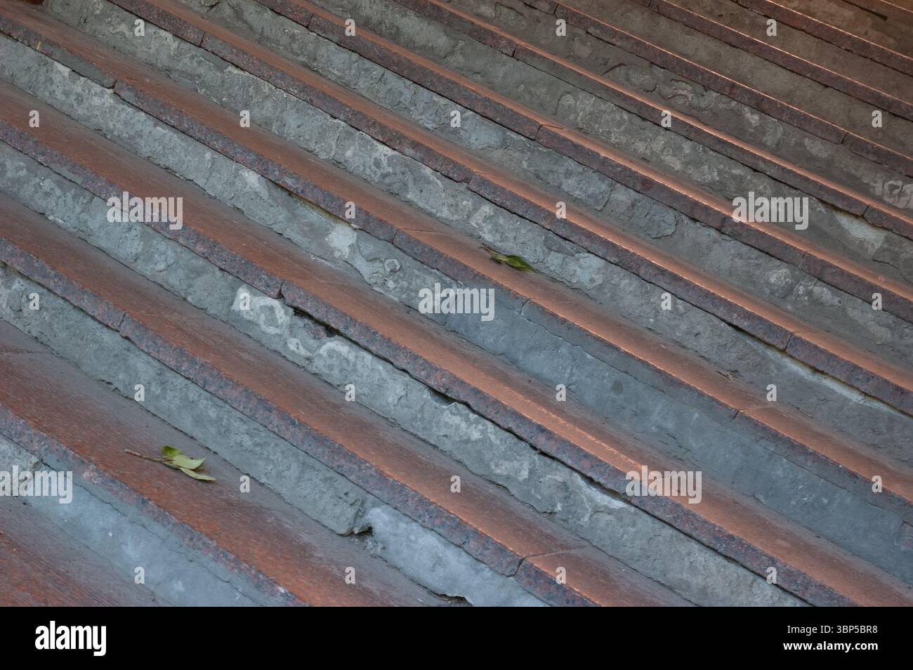 Vecchie scale in granito e cemento catturate ad angolo, creando una composizione diagonale. I gradini usurati e scheggiati contengono alcuni piccoli rami a foglia verde, ad Foto Stock
