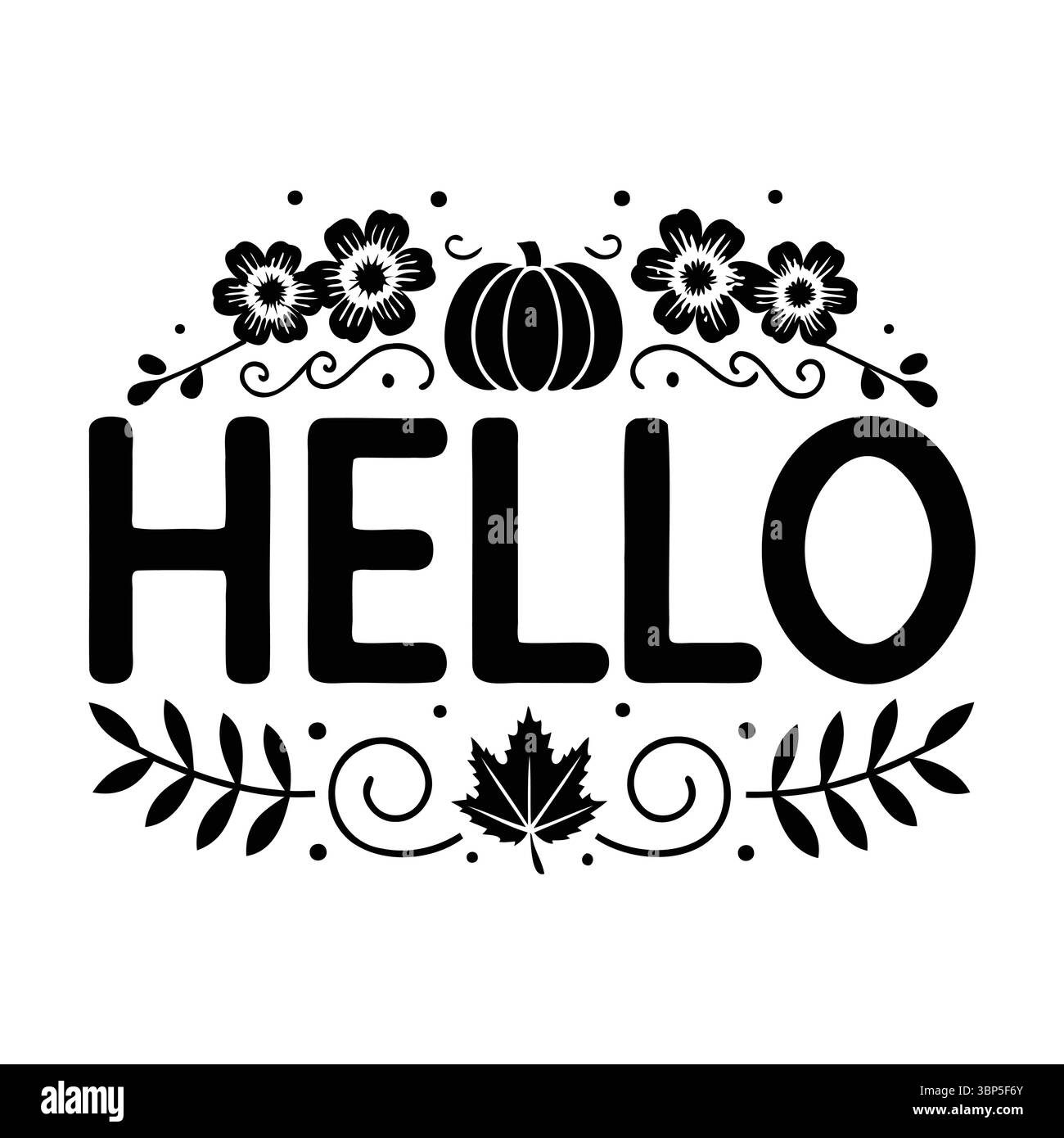 Hello Autumn Vector Design con zucca, fiori e foglia d'acero con silhouette nera Illustrazione Vettoriale