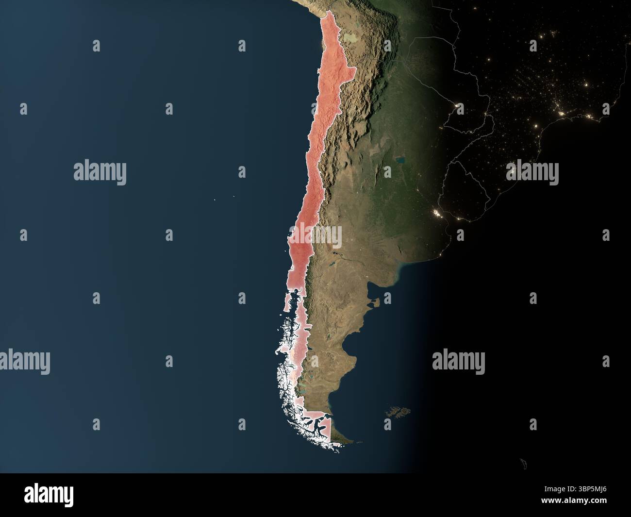 Cile evidenziato in rosso sulla Terra realistica. Elementi di questa immagine forniti dall'ESA. Foto Stock
