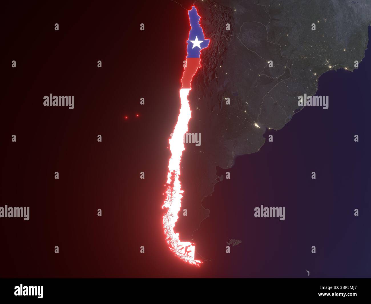 Bandiera del Cile in forma di paese sulla mappa notturna. Elementi di questa immagine forniti dall'ESA. Foto Stock