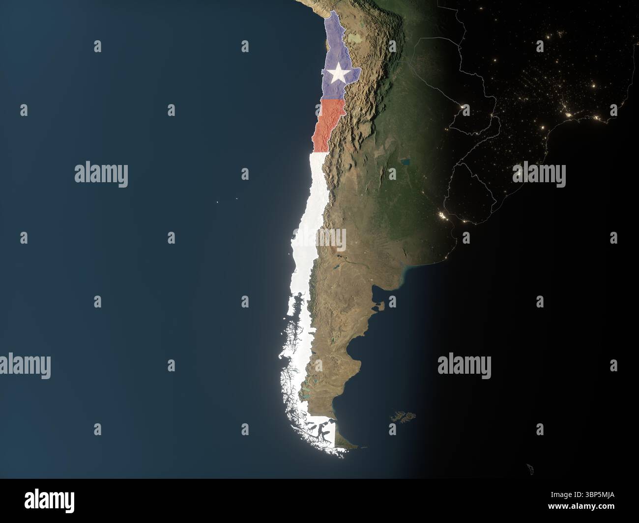 Il Cile si è sovrapposto con la sua bandiera nazionale sulla Terra realistica. Elementi di questa immagine forniti dall'ESA. Foto Stock