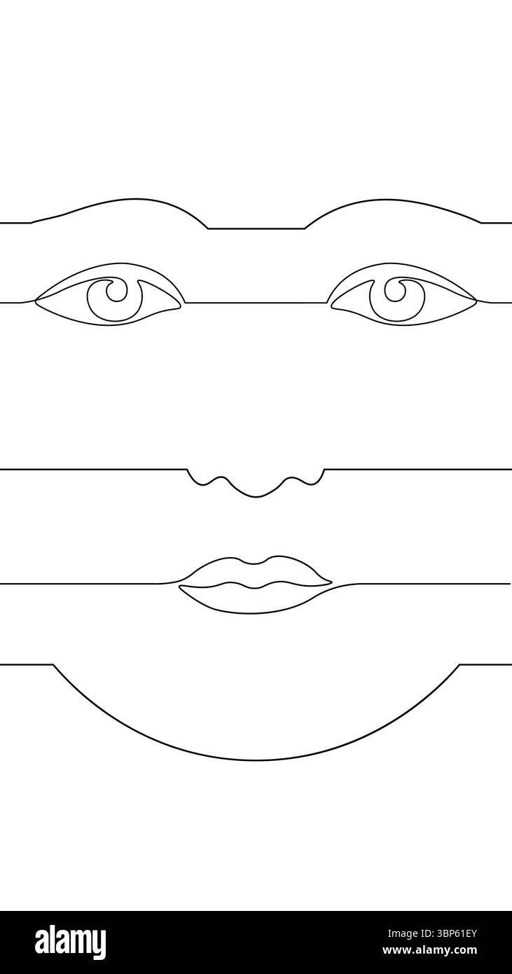 Maschera facciale disegnata utilizzando una linea. Ritratto minimalista astratto della persona dal design moderno. Beauty spa benessere dermatologia salute. Bianco semplice e pulito Illustrazione Vettoriale