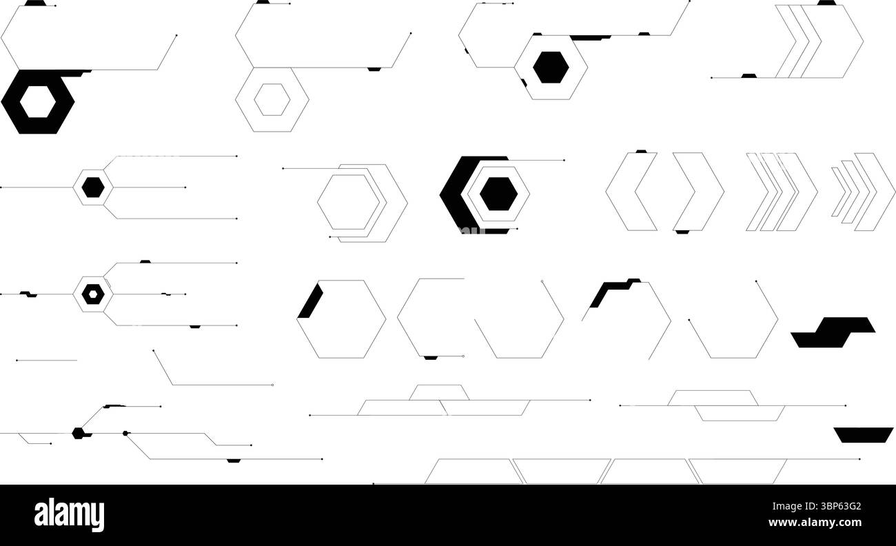 Futuristici elementi vettoriali a circuito esagonale per interfaccia tecnologica e progettazione digitale dell'interfaccia utente Illustrazione Vettoriale