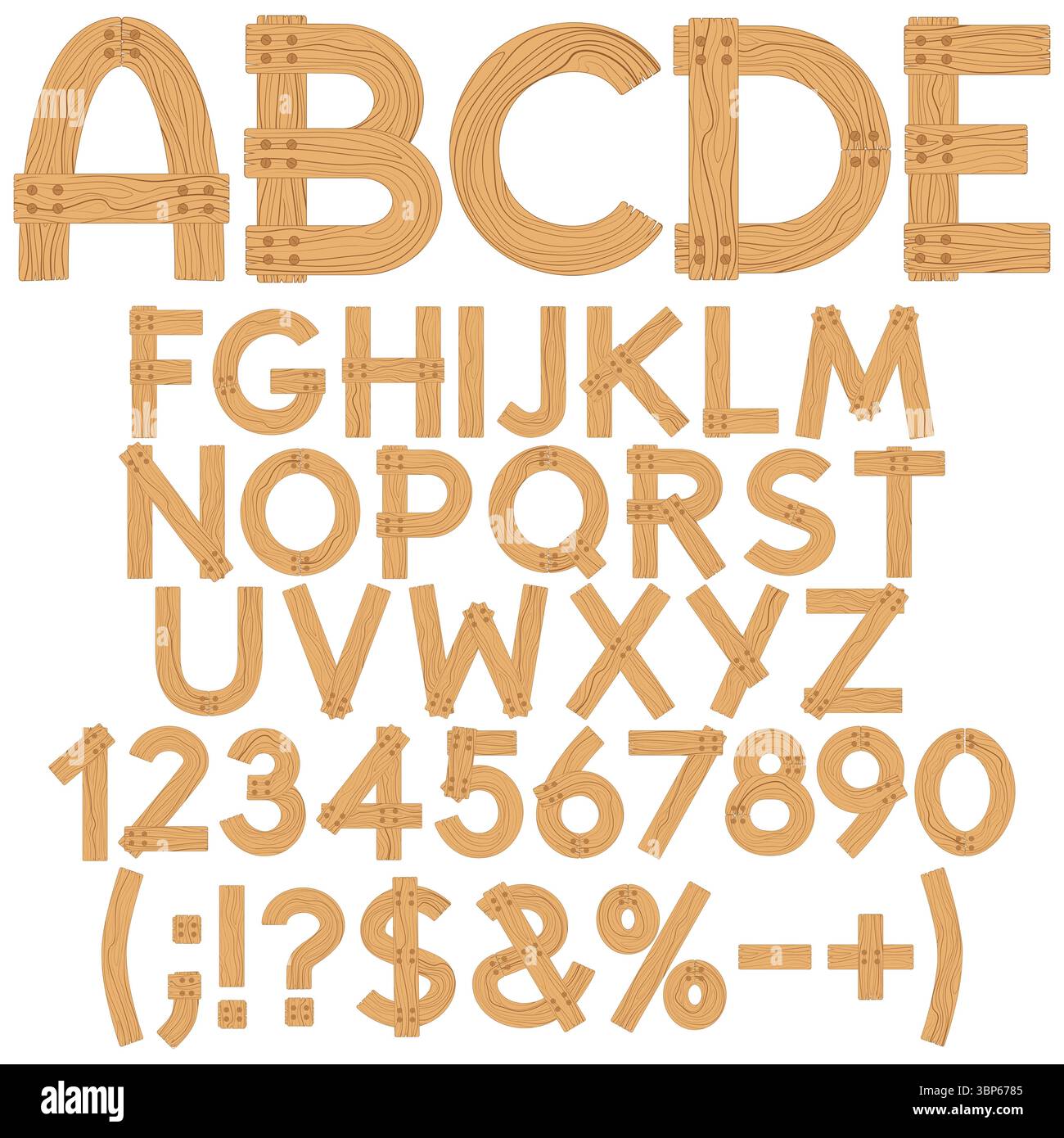 Carattere, alfabeto, lettere, numeri e segni da pannelli di legno. Oggetti vettoriali isolati su sfondo bianco. Illustrazione Vettoriale