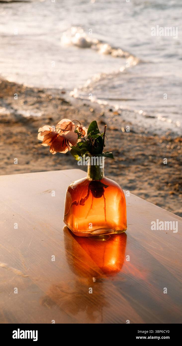 Vaso arancione con rose rosa su un tavolino da caffè in un ristorante sulla spiaggia di Holbox, Messico, durante l'ora dorata del tramonto. Foto Stock