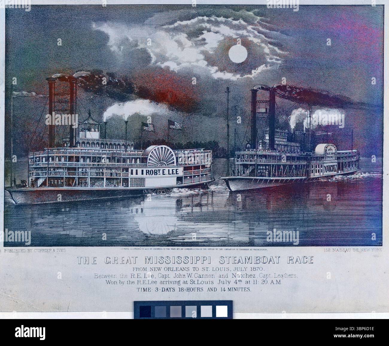 La gara di battello a vapore Great Mississippi nel luglio 1870 tra i battelli a vapore Robert E. Lee e Natchez, da New Orleans a St. Louis. Un'illustrazione vintage. Foto Stock