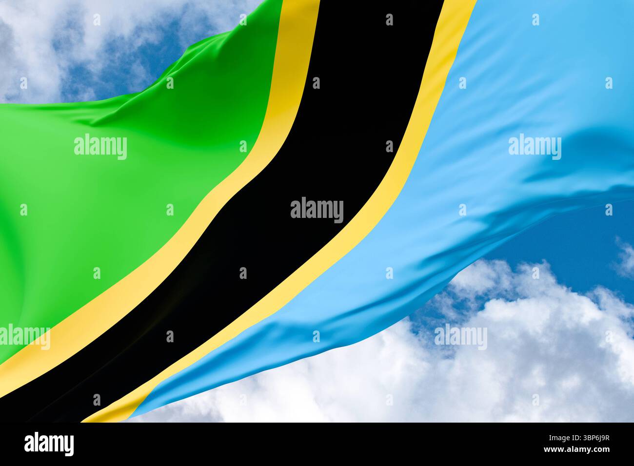 Primo piano bandiera sventolante della Tanzania. Primo piano bandiera sventolante della Tanzania. Cielo blu con nuvole sullo sfondo. Viaggio, turismo, viaggio, paese, destinazione, vacanze, cultura tanzaniana. Illustrazione 3D Country flag Waving tanzania Foto Stock