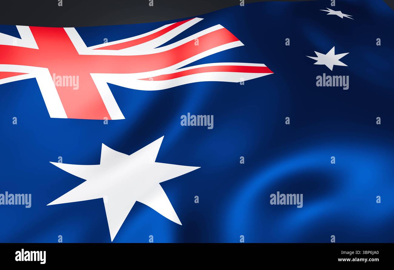Bandiera dell'Australia. Bandiera dell'Australia, stoffa lucida. Striscione, simbolo e taglio australiano. Paese, nazione, elezioni, governo, politica e società. Illustrazione 3D Country flag Glossy australia Foto Stock
