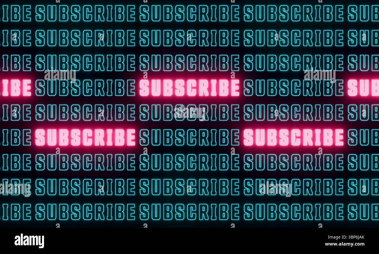 Segnale di iscrizione, testo illuminato. Segnale di iscrizione, testo illuminato. Social media, registrazione, aggiornamento della comunicazione. img text012s03 rolling text subscribe Foto Stock
