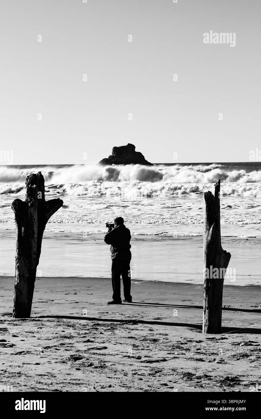 Arch Cape, Oregon - 26 novembre 2015: Un fotografo cattura la potenza dell'oceano, incorniciato da una deriva, cercando lo scatto perfetto delle onde che si infrangono Foto Stock