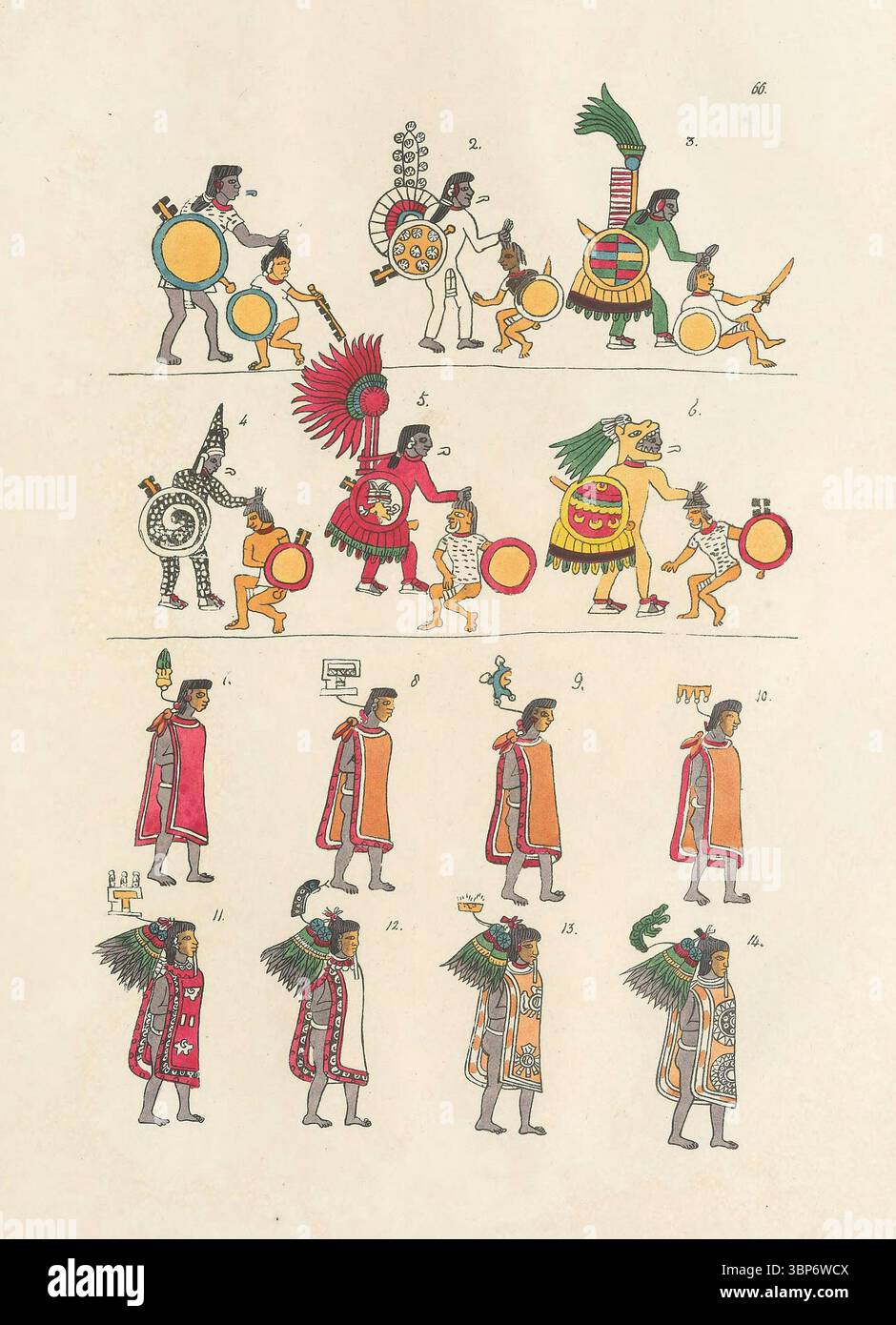 Illustrazione in facsimile del Codex Mendoza raffigurante guerrieri aztechi, costumi e tributi, pubblicata in Antiquities of Mexico da Edward King, visconte Kingsborough, 1831–48, dal manoscritto Bodleian Library tracciato e dipinto da Agostino aglio. Febbraio 1837. Foto Stock