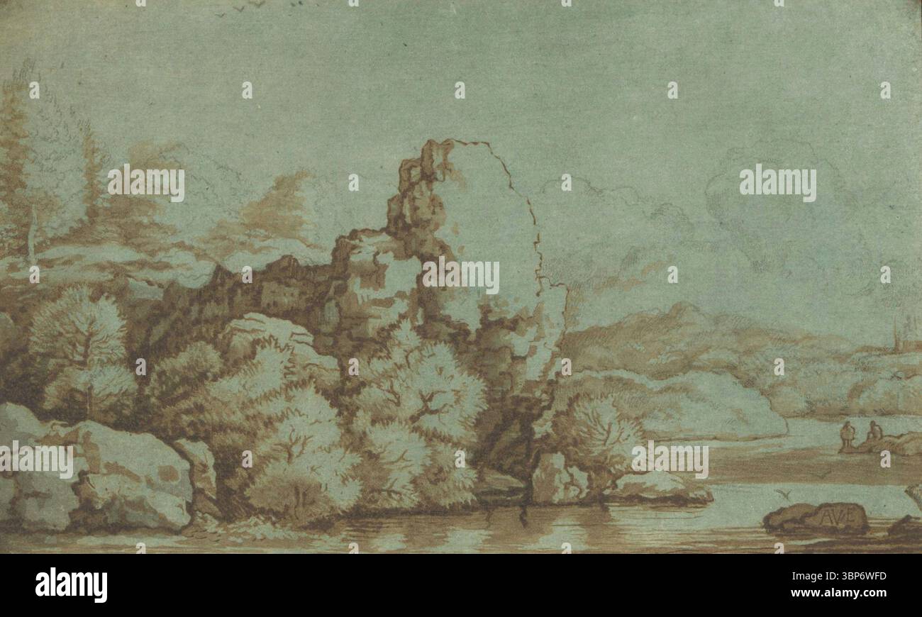 Landschap (paesaggio), un disegno di Maria Catharina Prestel dopo Allaert van Everdingen, raffigurante affioramenti rocciosi, alberi lussureggianti e un fiume calmo con figure lontane, 1783. Foto Stock