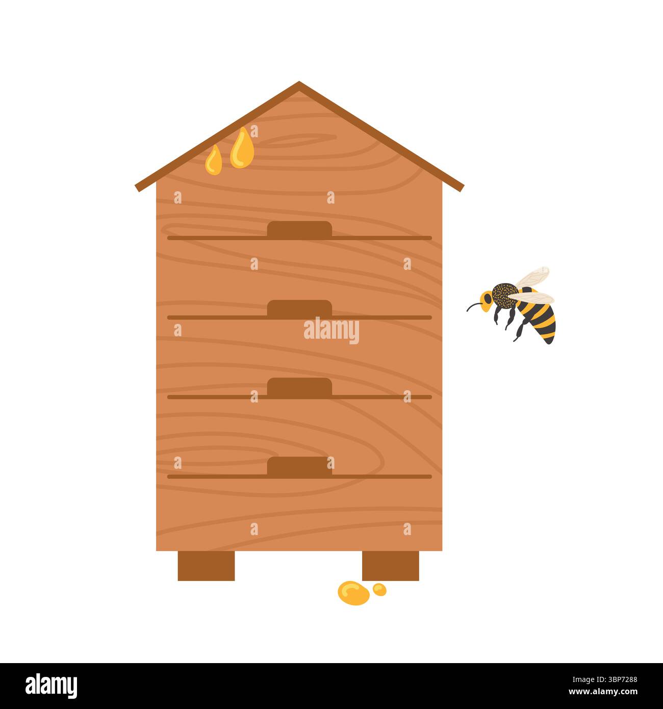 Alveare con miele che gocciola e api che si librano nelle vicinanze in un giardino Illustrazione Vettoriale