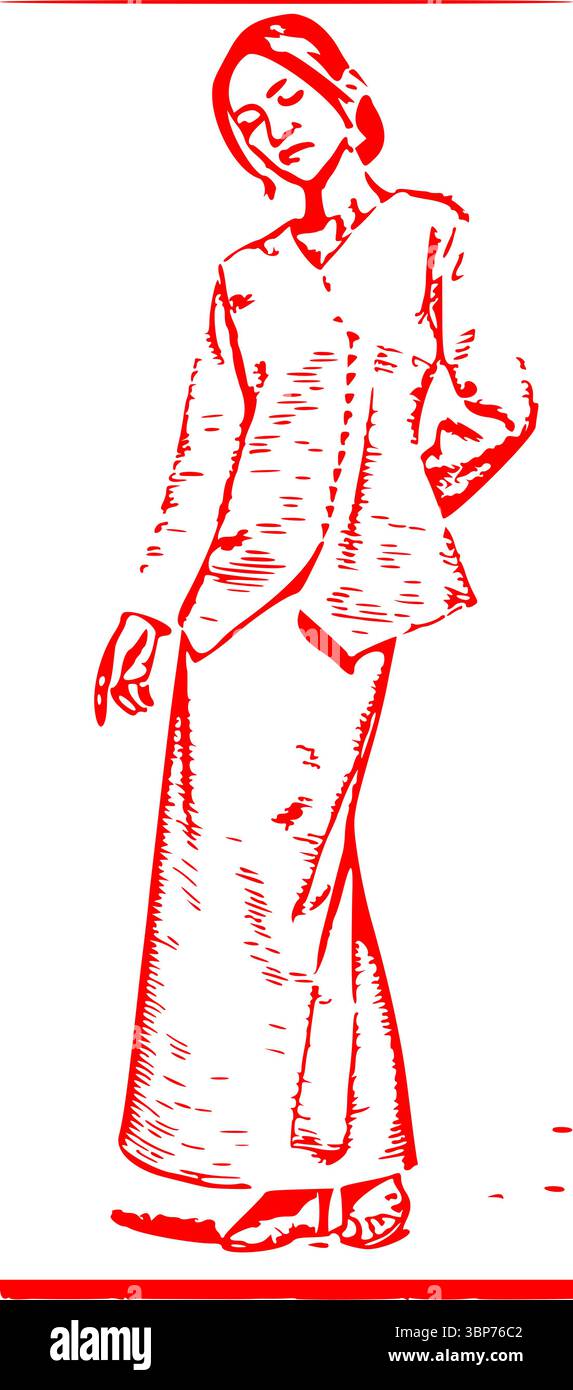 Elegantemente vestita con un motivo tradizionale in pizzo, questa personalità sfoggia grazia culturale e modestia Illustrazione Vettoriale