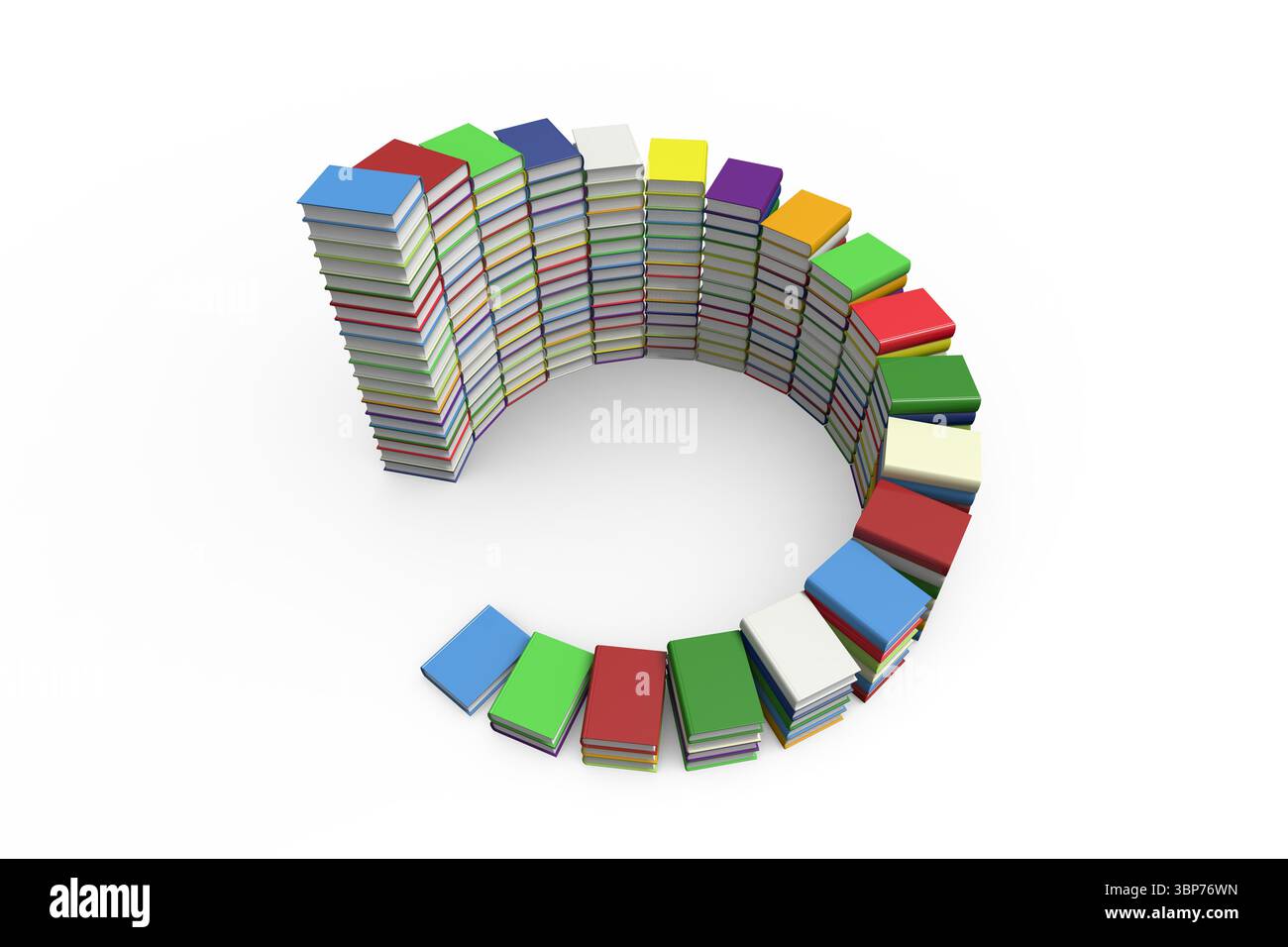 Pile semicircolari di libri colorati con copertina rigida si formano in un design piatto, con sfondo bianco Foto Stock