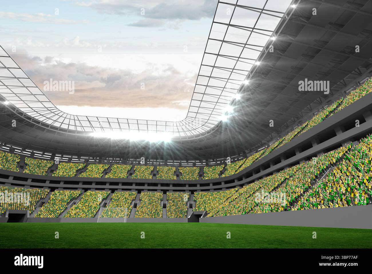 Il design piatto mostra lo stadio con posti a sedere in erba, travi del tetto trasparenti e proiettori Foto Stock