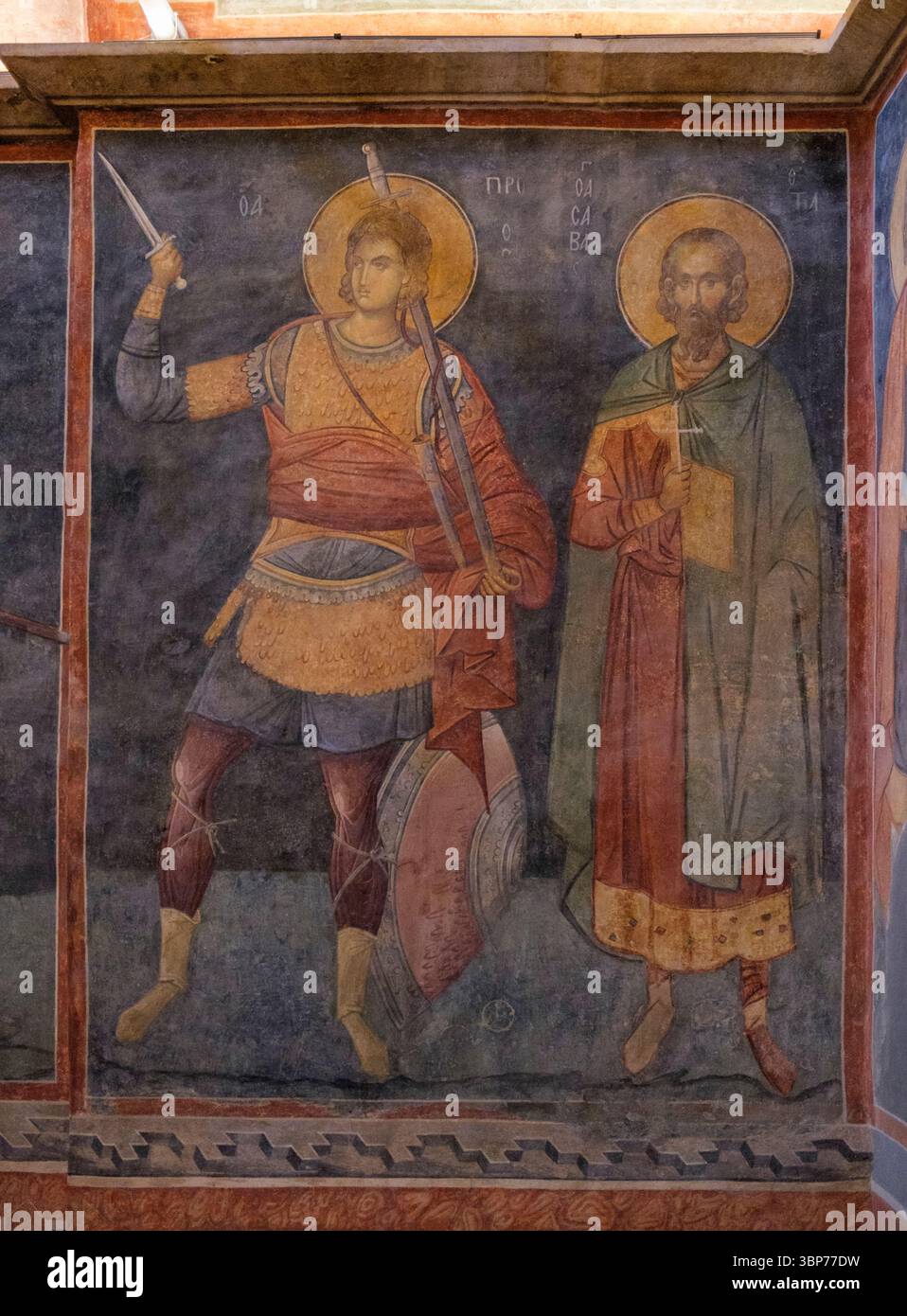 Turchia: santo guerriero e san affresco nel parekklesion (cappella laterale), Chiesa del Santo Salvatore a Chora (Moschea Kariye), originariamente una chiesa cristiana ortodossa, Istanbul. La chiesa di Chora fu originariamente costruita all'inizio del IV secolo e si trovava fuori dalle mura della città di Costantinopoli. I bellissimi mosaici e affreschi risalgono all'inizio del XIV secolo e sono stati creati dal potente statista greco bizantino Teodoro Metochites. Foto Stock