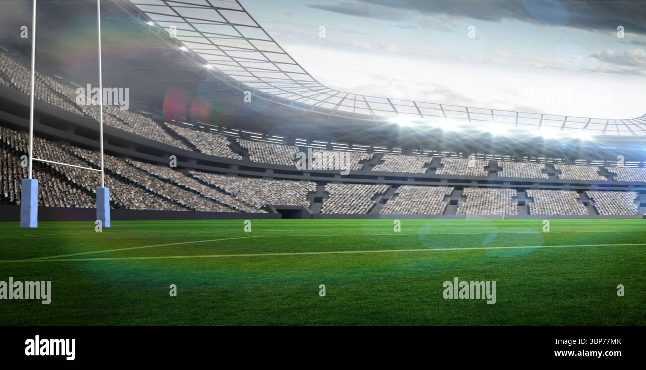 I pali da rugby si trovano in uno stadio dal design piatto, caratterizzato da tetto trasparente e proiettori Foto Stock
