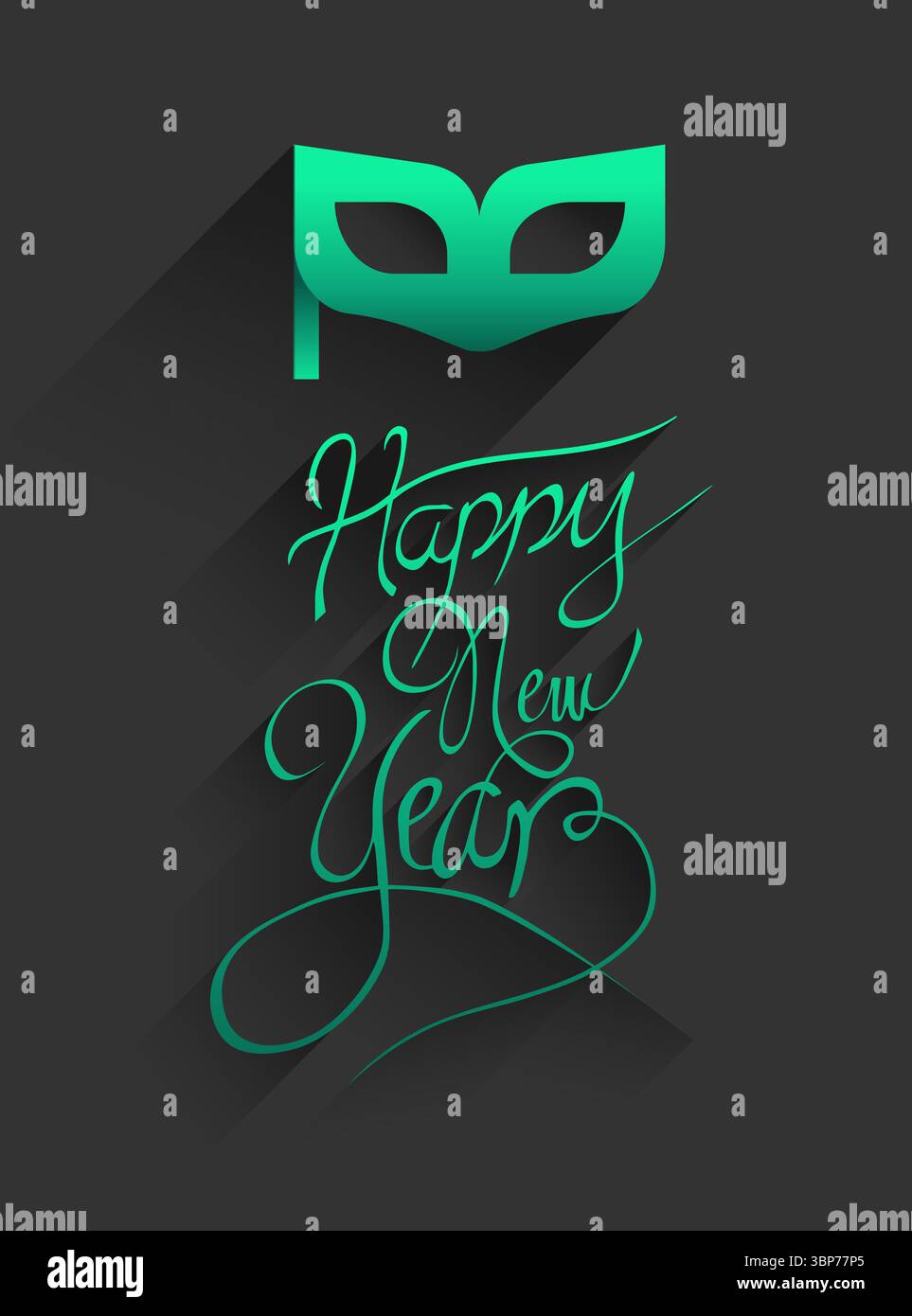 La semplice maschera verde e la scritta Happy New Year si illuminano sullo sfondo a carbone con ombre angolate Foto Stock