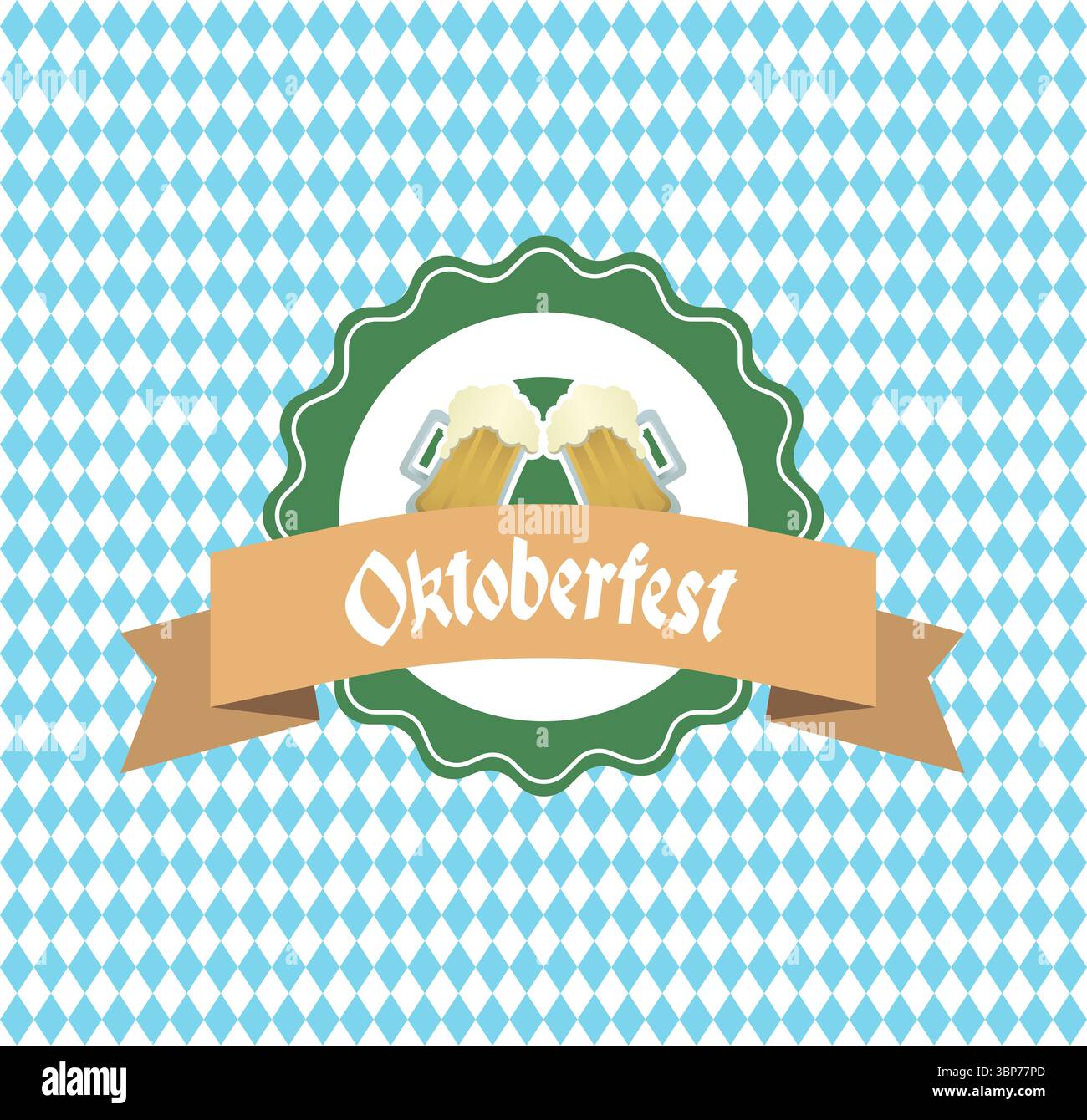 Il badge verde dal design piatto presenta tazze da birra e nastro Oktoberfest con motivo bavarese Foto Stock