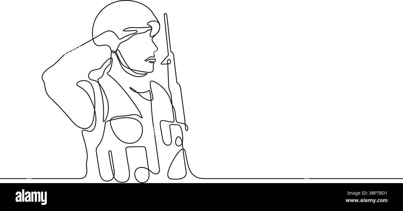 un soldato militare saluta una linea disegnando continua arte minimalista disegnata a mano Illustrazione Vettoriale