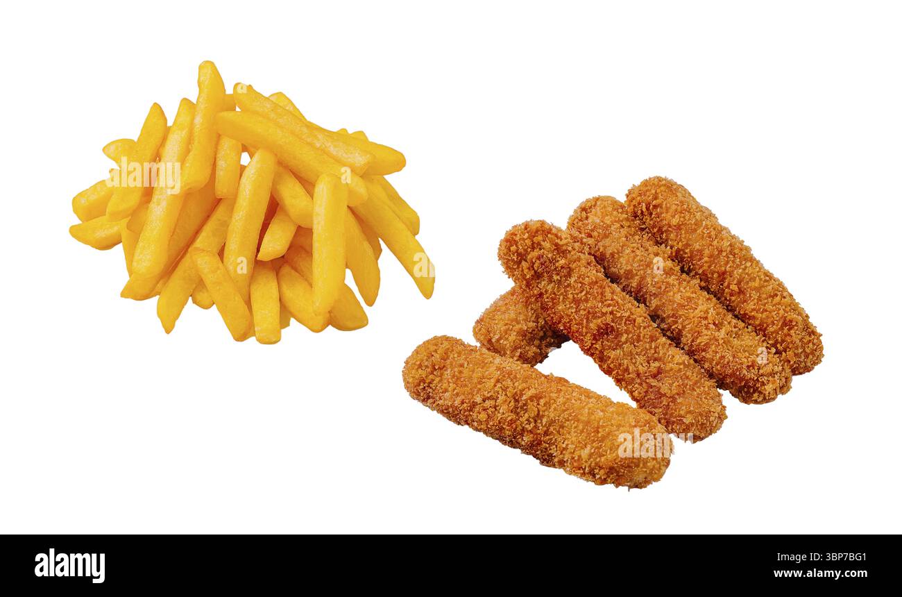 Cibo, spuntini fritti sono organizzati accanto a una generosa porzione di patatine fritte dorate. La combinazione crea un pasto allettante perfetto da condividere o da enjo Foto Stock