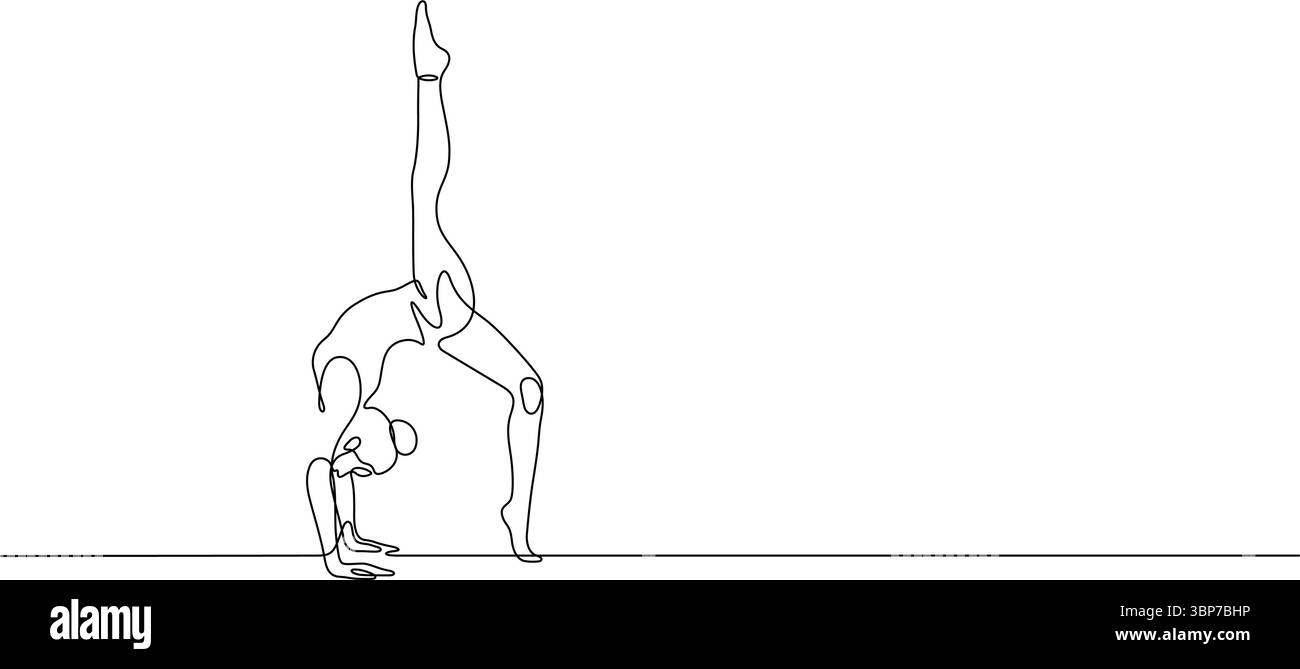 donna che esercita esercizio yoga una linea disegnando uno spazio di copia minimalista continuo disegnato a mano Illustrazione Vettoriale