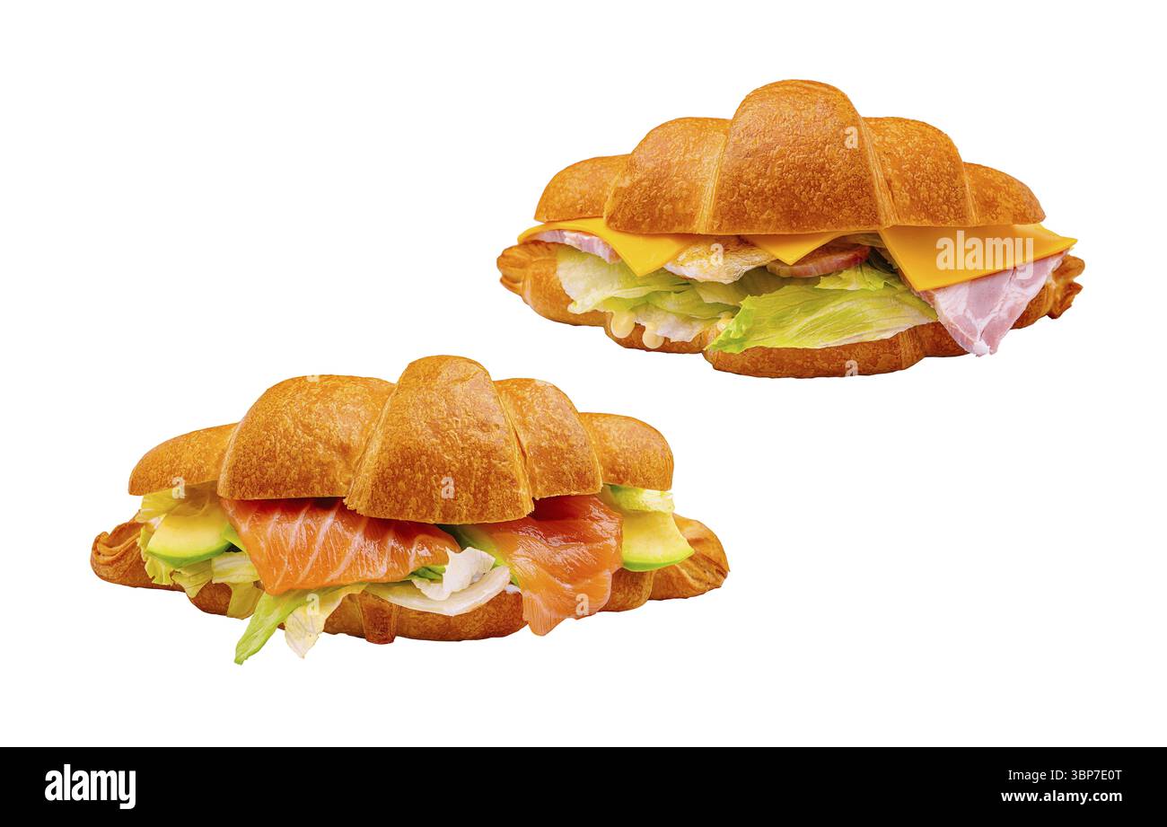 Cibo, due panini con croissant, con ripieni diversi. Una è composta da salmone affumicato e lattuga, mentre l'altra contiene prosciutto e Foto Stock