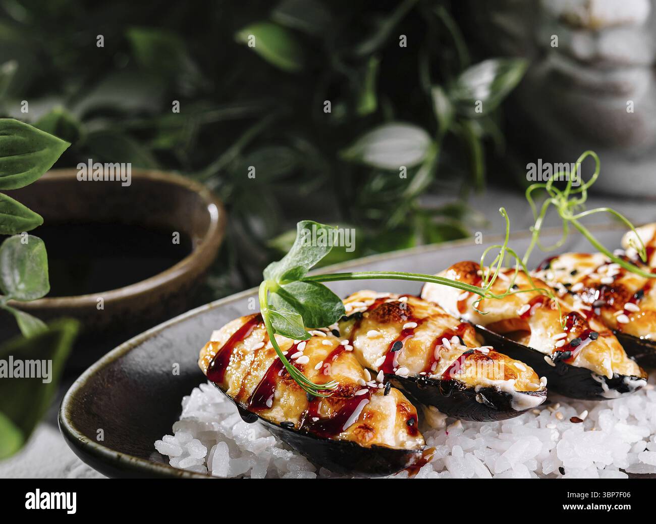 Cibo, cozze fresche con erbe aromatiche e salsa servite su un letto di sale roccioso, con foglie verdi sullo sfondo Foto Stock