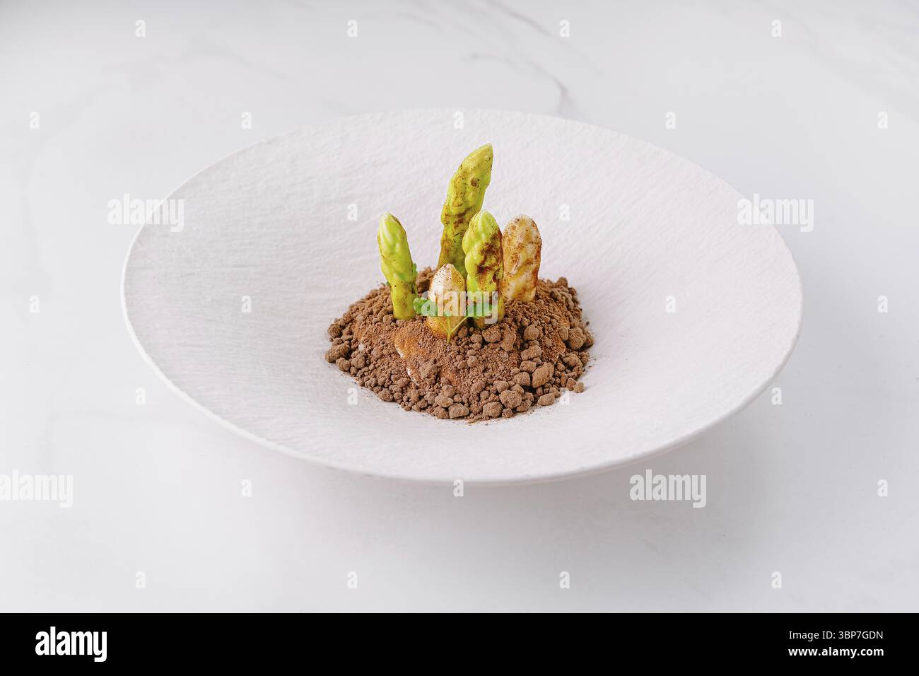 Cibo, dessert mit weissem Spargel, der aus Schokoladenkruemeln auf einem weissen Teller spriesst Foto Stock