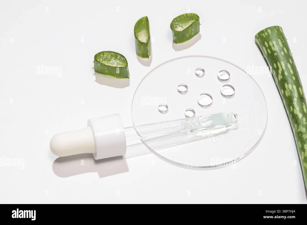 Concetto di laboratorio cosmetico naturale. Capsula di Petri con gel cosmetico di Aloe vera, pipetta contagocce con siero su sfondo bianco Foto Stock