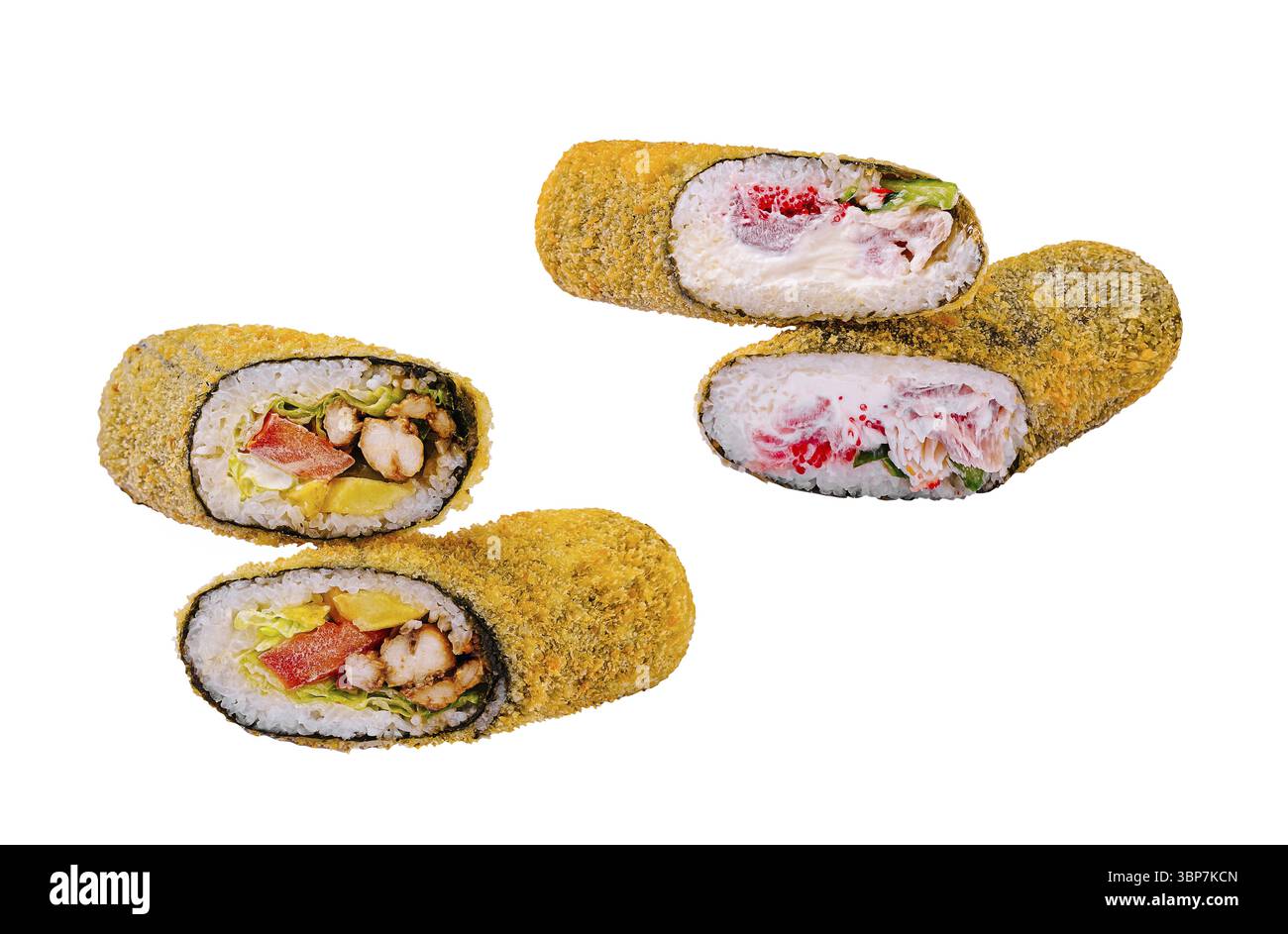 Cibo, esclusivi sushi roll sono ripieni di ingredienti freschi, ricoperti di consistenza croccante. La colorata presentazione mette in risalto la miscela di pesce e ve Foto Stock