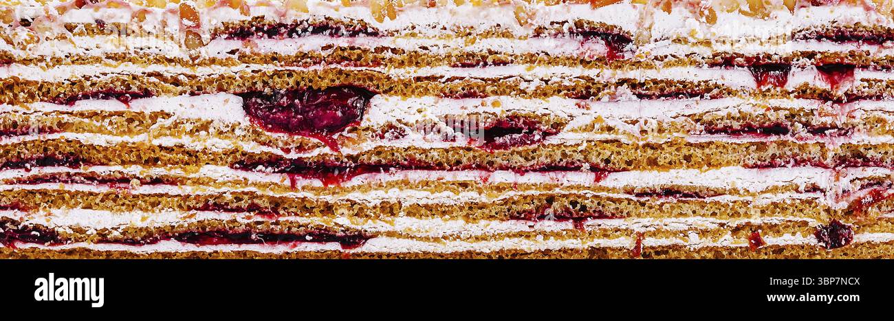 Cibo, Un dessert allettante che mostra strati di torta marrone chiaro ripieni di ricca marmellata di bacche e glassa cremosa. Il dessert è organizzato in modo ordinato, highlighti Foto Stock