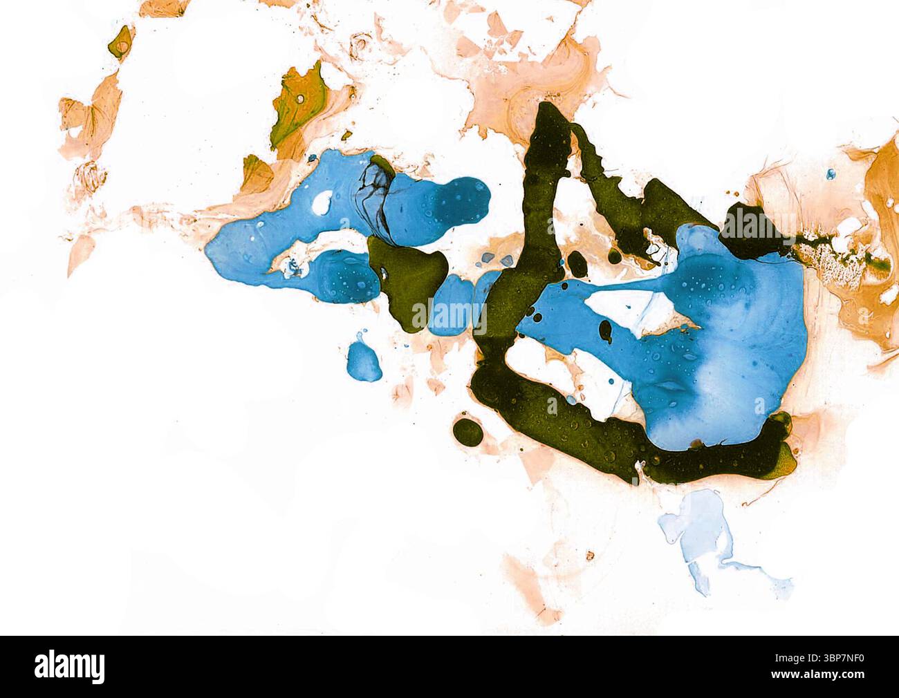 I punti astratti di varie forme sono macchiati in modo caotico su sfondo bianco. Raggruppati nella parte superiore destra dello sfondo. Diverse tonalità di colore blu Foto Stock