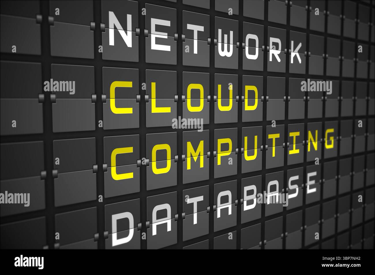 Il cloud computing di parole alla moda su nero scheda meccanica Foto Stock