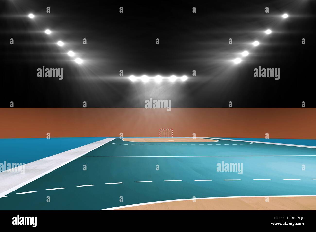 Campo da calcio vuoto dal design piatto, con pavimento color tè-beige, proiettori, telaio porta e linee Foto Stock