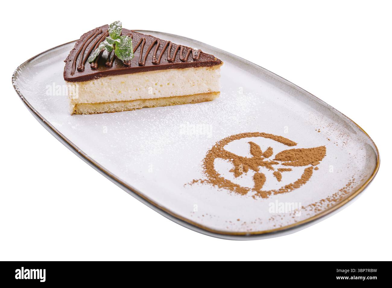 Cibo, cheesecake al cioccolato con menta decorata sul piatto Foto Stock