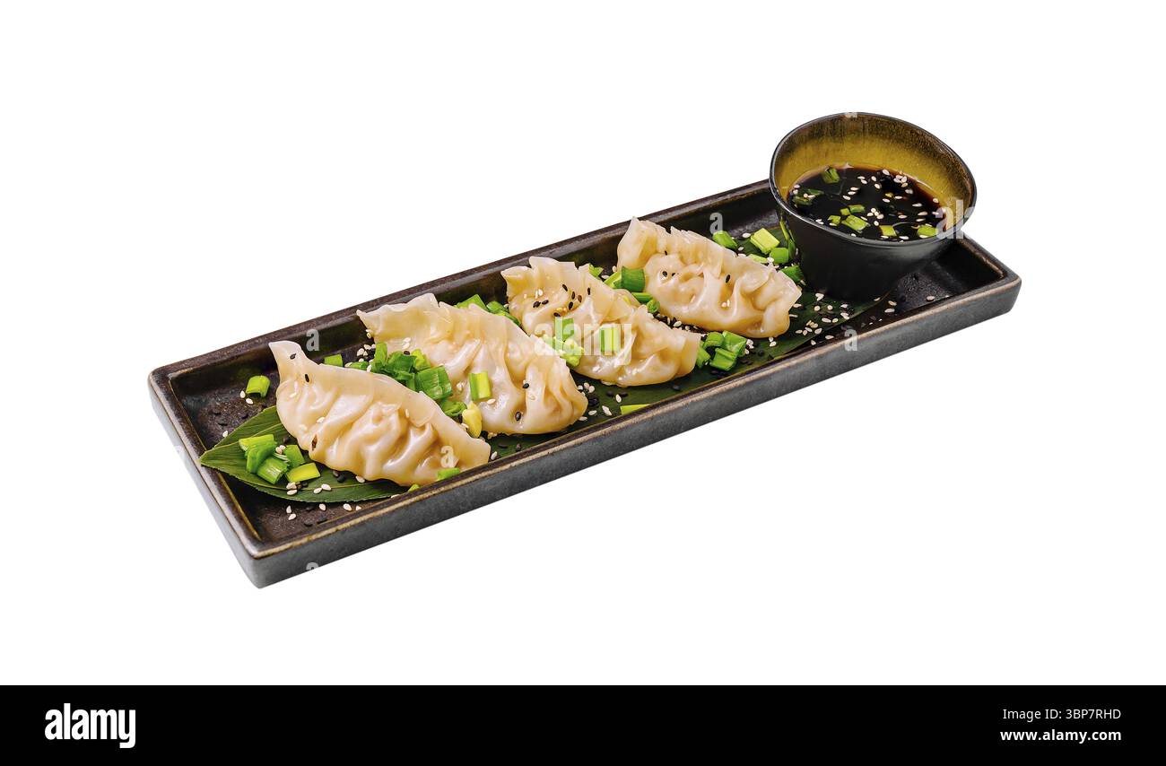 Il cibo, i polpette sono disposti ad arte su un piatto lungo ed elegante accanto a una piccola ciotola di salsa da immersione. Cipolle verdi fresche e semi di sesamo aggiungono vibr Foto Stock