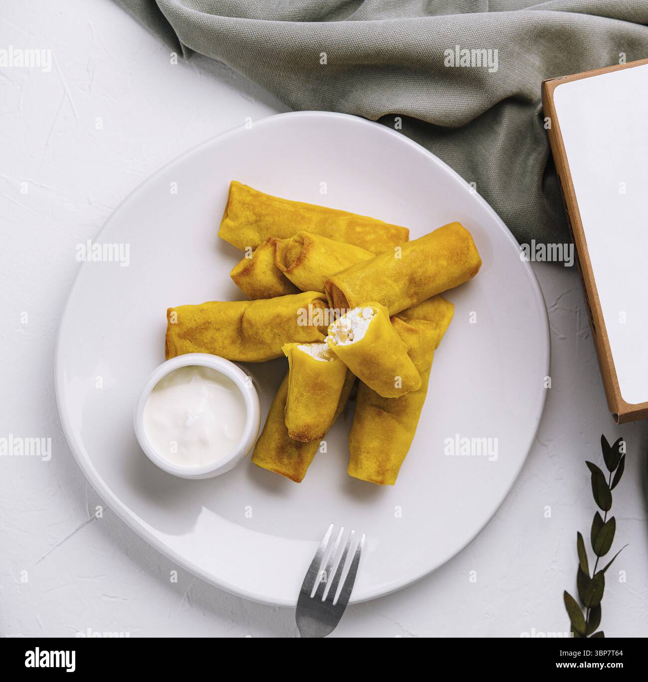 Cibo, presentazione elegante di involtini primavera fatti in casa con vista dall'alto della salsa Foto Stock