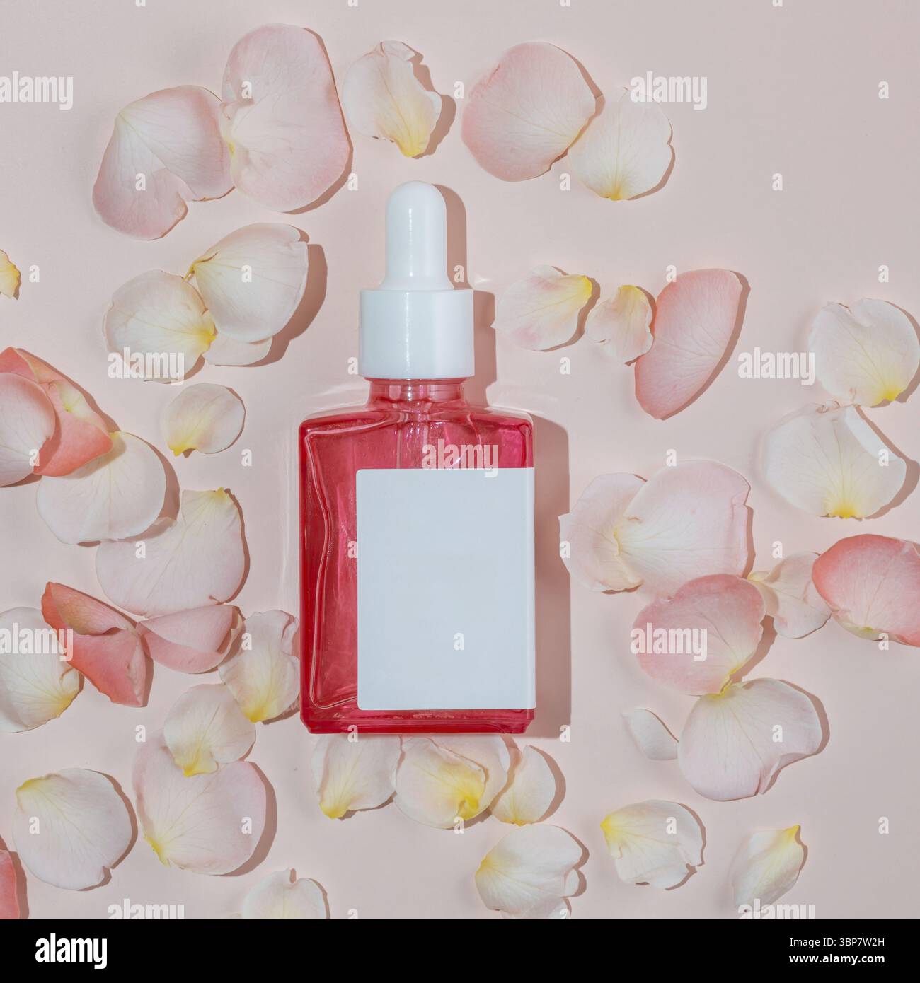 Un flacone contagocce in vetro con siero beauty care, acido ialuronico e vitamine su sfondo rosa con petali di rosa e ombre dure alla moda. Cosmetici per la casa Foto Stock