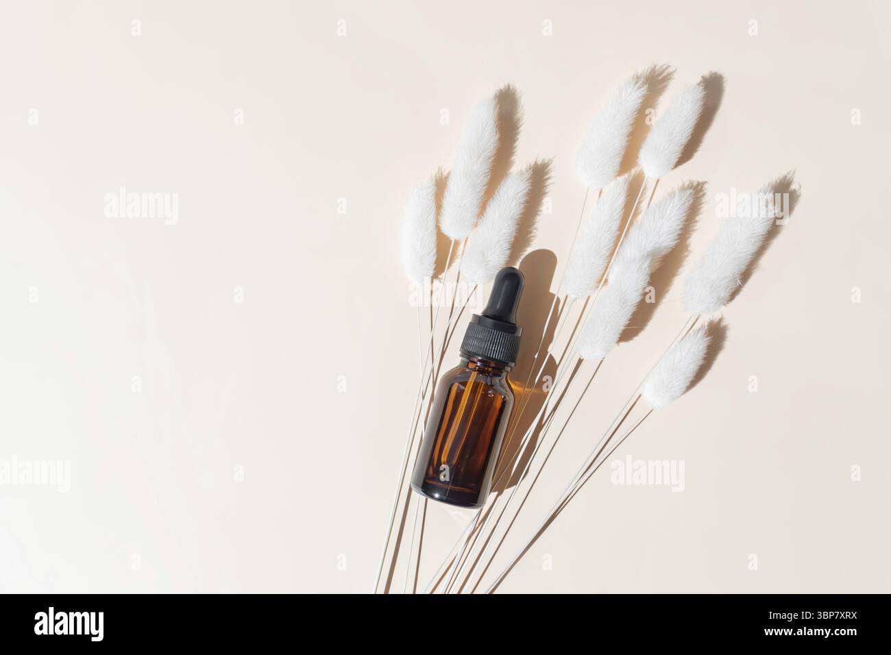 Contagocce per siero cosmetico o olio essenziale organico per il viso e il corpo, su sfondo beige con ombre dure. Il concetto di un salone di bellezza AN Foto Stock