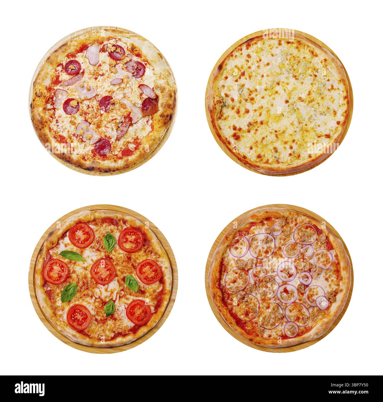 Cibo, quattro diversi tipi di pizza sono disposti ordinatamente su vassoi di legno, con una varietà di condimenti tra cui formaggio, pomodori e carni, perf Foto Stock