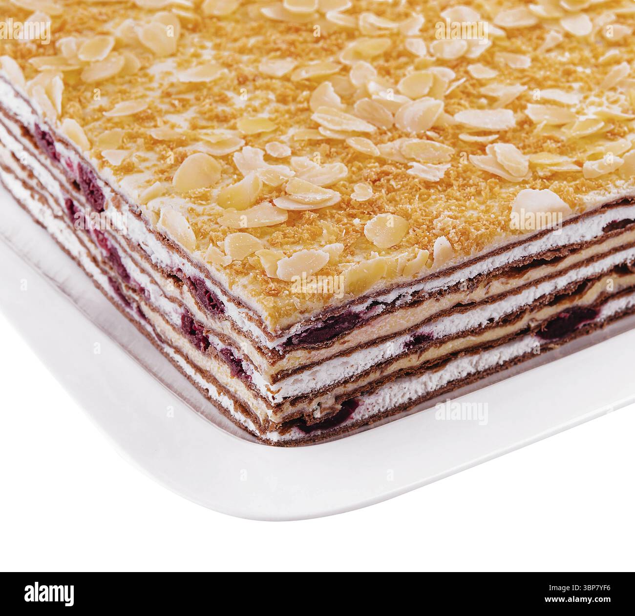 Cibo, deliziosa torta di spugne di cacao multistrato con mandorle Foto Stock
