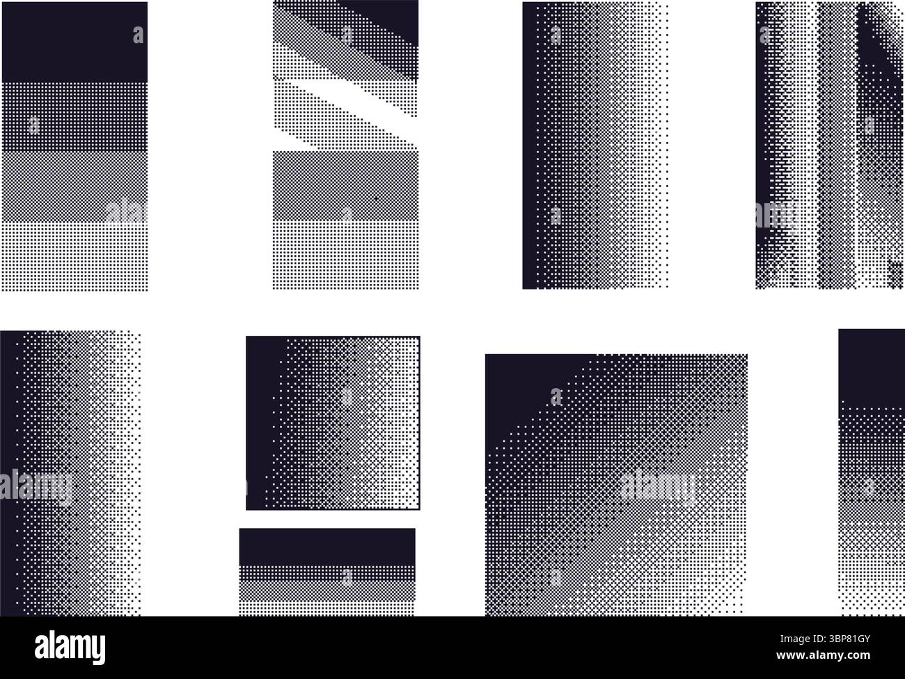 Set di sfondi mezzitoni diversi per pixel . effetto dithering bitmap pattern a 8 bit. Sfumatura grafica nera in stile anni '90. Mosaico casuale rétro vettoriale Illustrazione Vettoriale