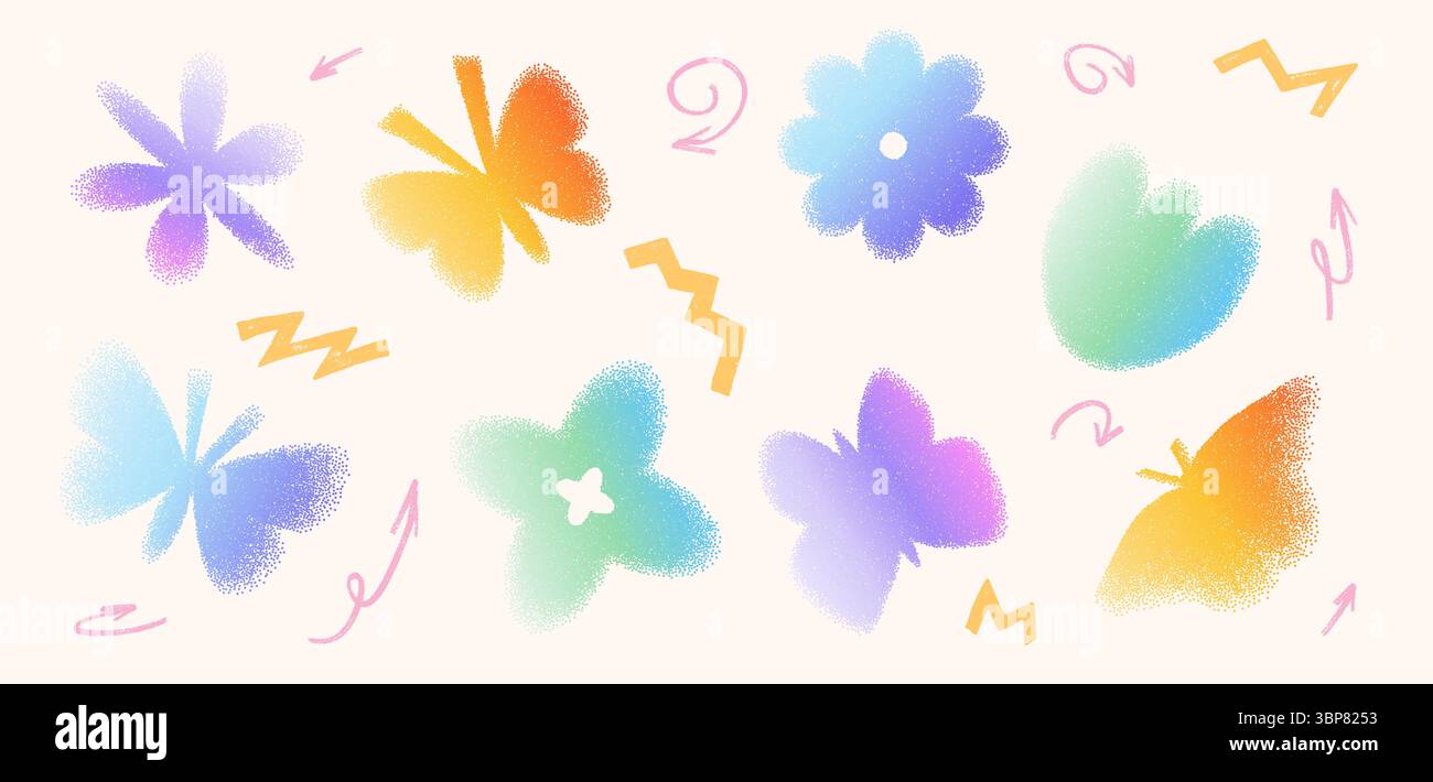 Set di fiori e farfalle con sfumatura di rumore colorata a grana. Y2K forme floreali iridescenti. Icone grunge grintose, tulipani e margherite sul beige Illustrazione Vettoriale