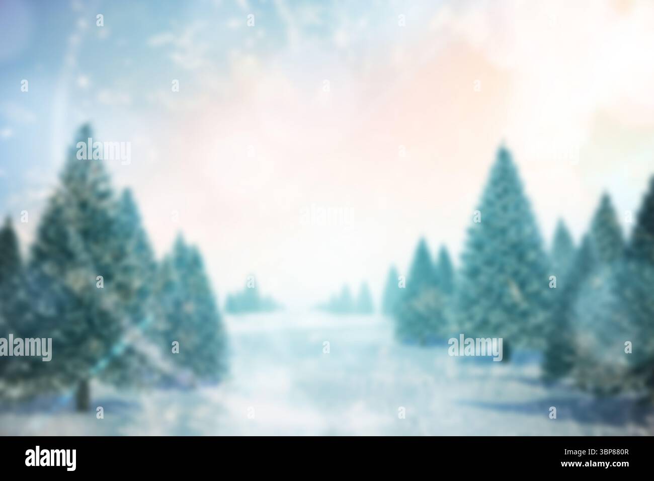 Tranquillo paesaggio invernale con abeti dal design piatto spolverati di neve e fiocchi di neve cadenti Foto Stock